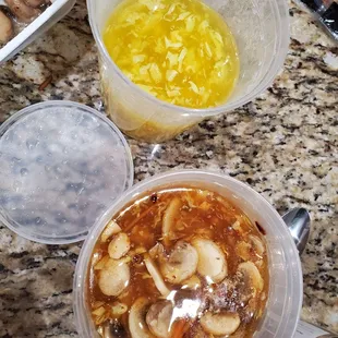 Eggdrop and Hot and Sour soup. Both terrible. Well, not the egg drop. It didn't have enough flavor to be called anything.