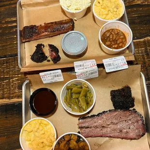 brisket, burnt ends, ribs, green beans, mac &amp; cheese, fried okra, baked beans, potato salad