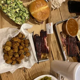 Brisket, ribs and sides!  Sorry but we took a bite before the pics!  Couldn't help ourselves!
