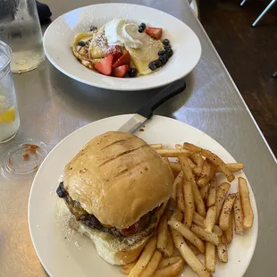 Huvar&apos;s Bacon Avocado Burger with fries and a Lemon Ricotta Crepe