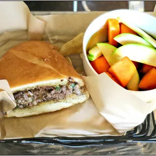 Might have been a Texas Philly but I&apos;m very unsure.  Fruit cup added