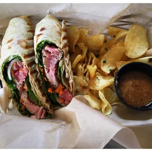 Ahi tuna wraps had perfect consistency and flavor. Easily split between two light eaters. Better to make room for the small bread pudding!