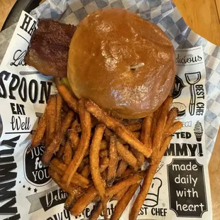 Bacon burger with sweet potato fries