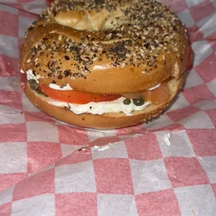 Smoked salmon sandwich on everything bagel