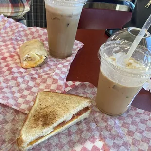 BEC on toast, Omelet wrap, medium raspberry white mocha, small iced caramel macchiato