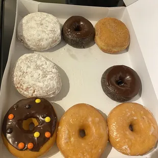 Fresh donuts! Glazed, chocolate, m&amp;m, Apple cinnamon, jelly. All delicious!