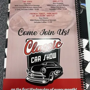 a menu for a car show
