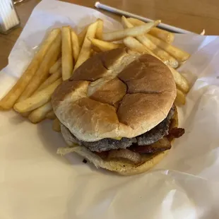 a hamburger and french fries
