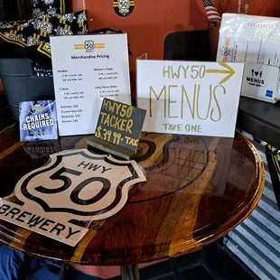 menus and signs on a table