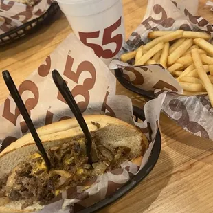 Cheesesteak no peppers with fries!