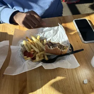 Burger with chili and fries