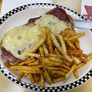 Open-faced Rueben and Motley Fries