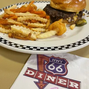 American Fried Onion Burger with Motley Fries