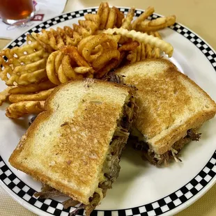 Short Rib &amp; Smoked Gouda Melt - with Caramelized Onions on Grilled Sourdough Bread. Motley Fries