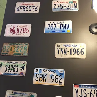 Plates from all over on the ceiling. We sat right under a Virginia license plate of course.