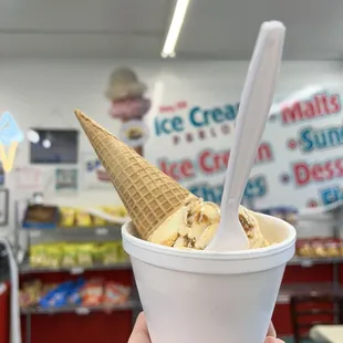 Salted caramel ice cream in a cup with a sugar cone topper - my fav way to enjoy!