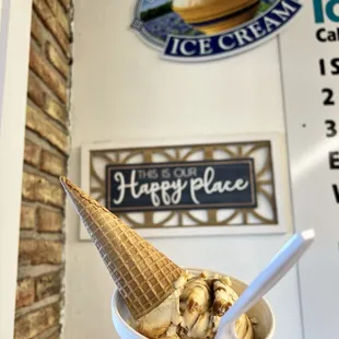 Salted Caramel ice cream in a cup with a sugar cone topper - my fav way to enjoy!