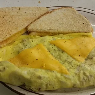 Imelet w toast, nothing but warmed bread.  Plus it was handled w the same hands that handled RAW bacon &amp; N O T washed!