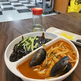 #16 Half and half (black soybean noodle &amp; spicy seafood noodle soup)