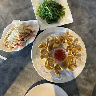 Spicy Kani Salad, Seaweed Salad, crab Rangoon