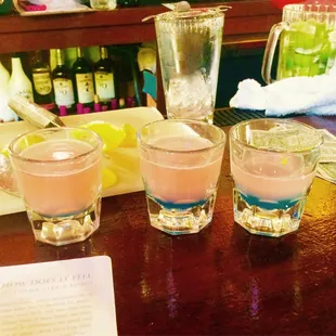 Make-Shift Aviation Shooters - Subbing Cherry Brandy for Luxardo and Curaçao for Creme de Violette.  Both hard to find.
