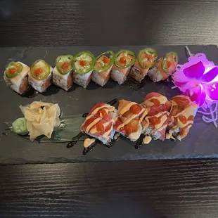 Back: #19 Crazy Jalapeño Roll &amp; Front: #18 Out of Control Roll. Both are delicious!