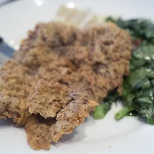 Chicken fried steak with collard greens