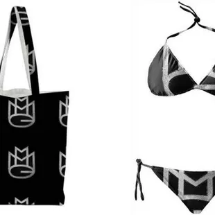 a black and white photo of a bikini and a tote bag
