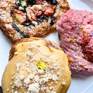 Peach Cruffin, Strawberry Donut, Tomato Cheese and Basil Danish