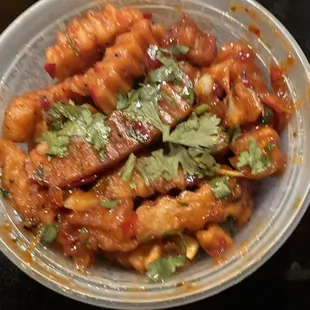 They called these " mManchurian Potato Fingers". They are just sauces crinkle fries.  Soggy mess really... nice flavor