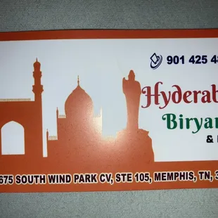 restaurant's business card