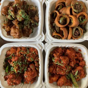 Top left: Gobi Manchurian Top right: Cut Mirchi Bottom: Gobi 65