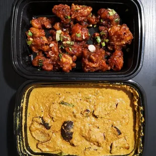 T - Cauliflower Manchurian ( vegan) - Fried Cauliflower in a soy chili sauce. B - Bagara Baingan. Eggplant in a peanut and yogurt sauce.