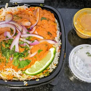The chicken tikka biriyani is essentially rice with chicken tikka gravy.