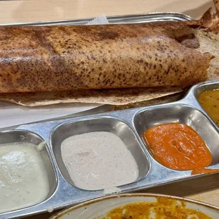 a plate of food and a flatbread