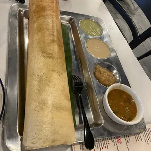 Dosa with multiple dips and potato or something in the middle.  I forgot what it's called.