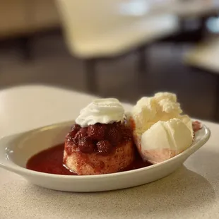 a plate of food with ice cream