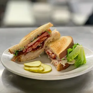 a plate with a sandwich and pickle
