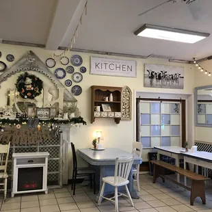 a dining room with a fireplace