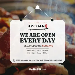 Big news from Hyeban! We're now open EVERY DAY! Sunday to Thursday: 11 AM to 10 PM
Friday and Saturday: 11 AM to 11 PM

Book your table!