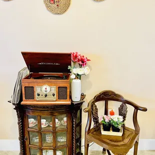 an old radio and a chair