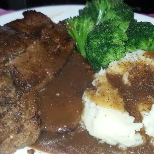 An American classic.  Delicious meatloaf platter with brown gravy for $12.50.  Comfort food at its best!