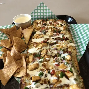 Nachos and bacon, chicken, ranch flatbread is one of the best around