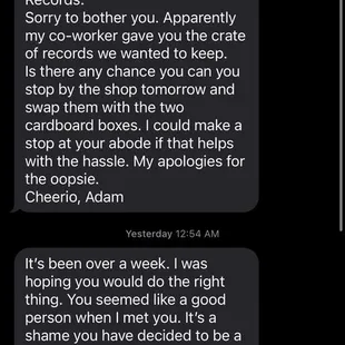 Hymies made a mistake and sent me home with the wrong items. Their texts to me were filtered to unknown senders folder. Just found them now.