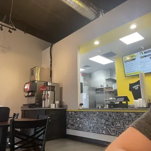 Inside the decor is modern industrial