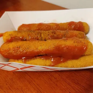 6 Crabstick's with Salt pepper Ketchup and hot sauce. Yummy.