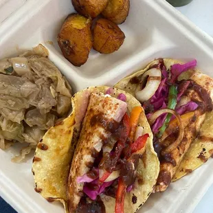 Redfish Tacos with cabbage and plantains, Mac and cheese