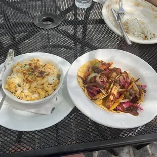 Redfish tacos, Mac n cheese &amp; my friend&apos;s plate - he had Hype&apos;s catfish special.