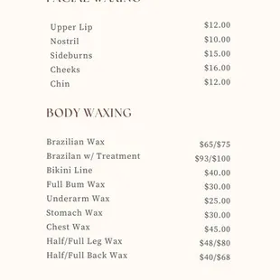 Updated price menu