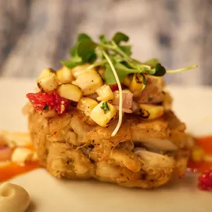 Crab cake - bell pepper puree, lemon garlic aioli, roasted corn salsa